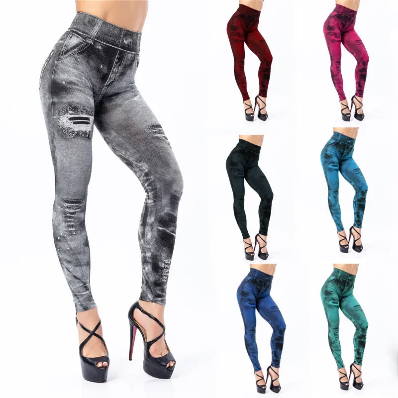 Women's Imitation Distressed Denim Jeans High Waist Leggings...
