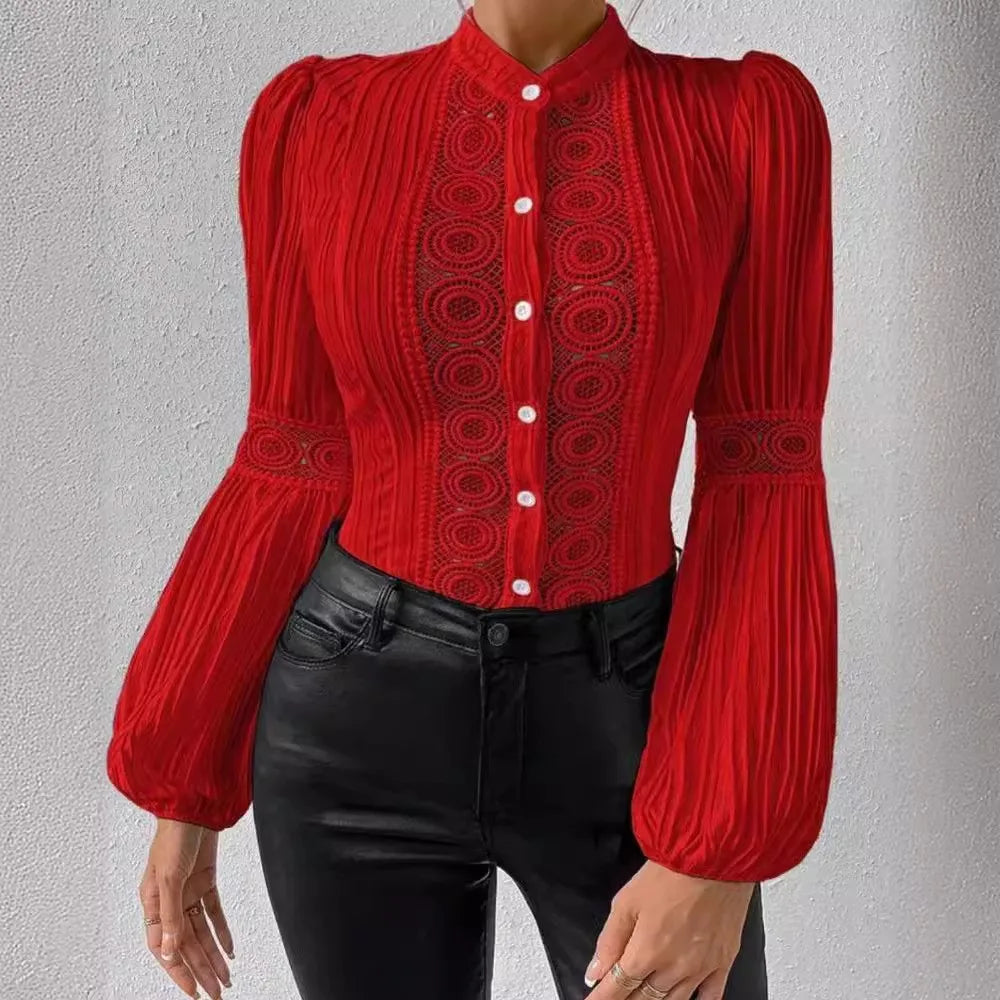 Women's Autumn Fashion Lace Spliced Lantern Long Sleeved Solid Color Slim Fit Hollow Out Blouse
