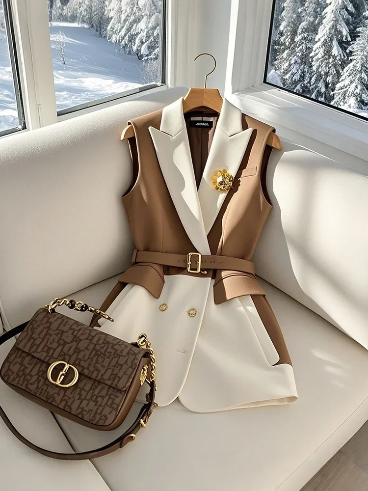 Ladies' France Fashion Formal Slim-Fit Sleeveless Jacket with Belt, in Coffee Office Blazers Vest...