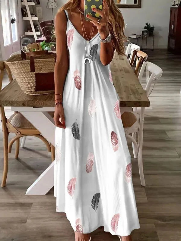 Hot Women's Sleeveless Slim Fit, Feather Print Low Cut Long Dress And V-Neck With Spaghetti Strap...