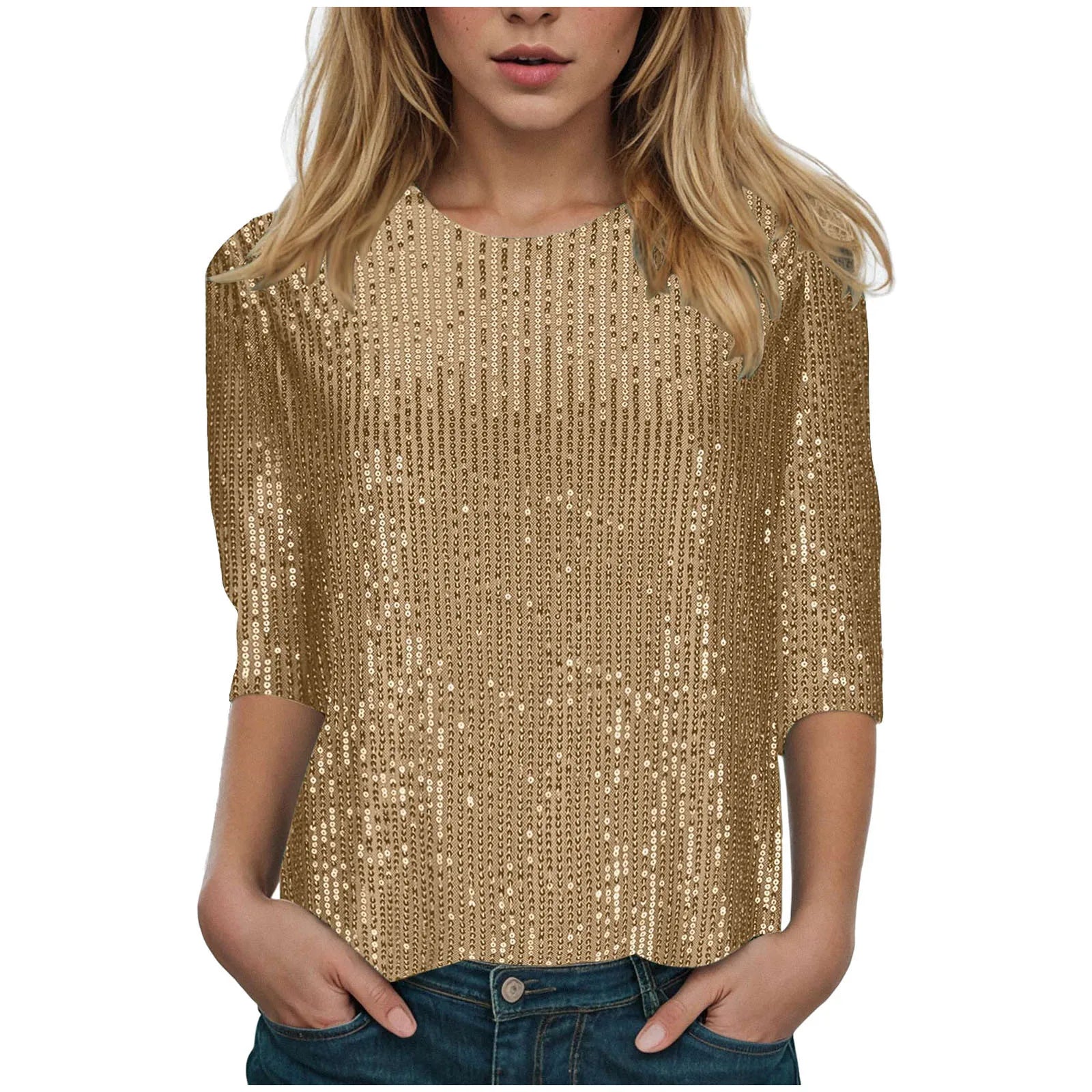 Women's Casual Shiny Sequins Round Neck Quarter Sleeve Glitter Loose Shirts Clubwear Shirt...